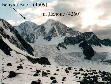 вид с восточной ветви ледника Менсу на вершины Белуха Восточная (4506) и Делоне (4260). Алтай, горный поход
